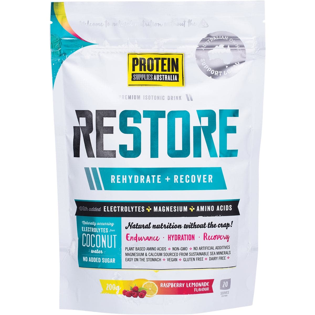 Protein Supplies Australia Restore Hydration Recovery Raspberry Lemonade 200g