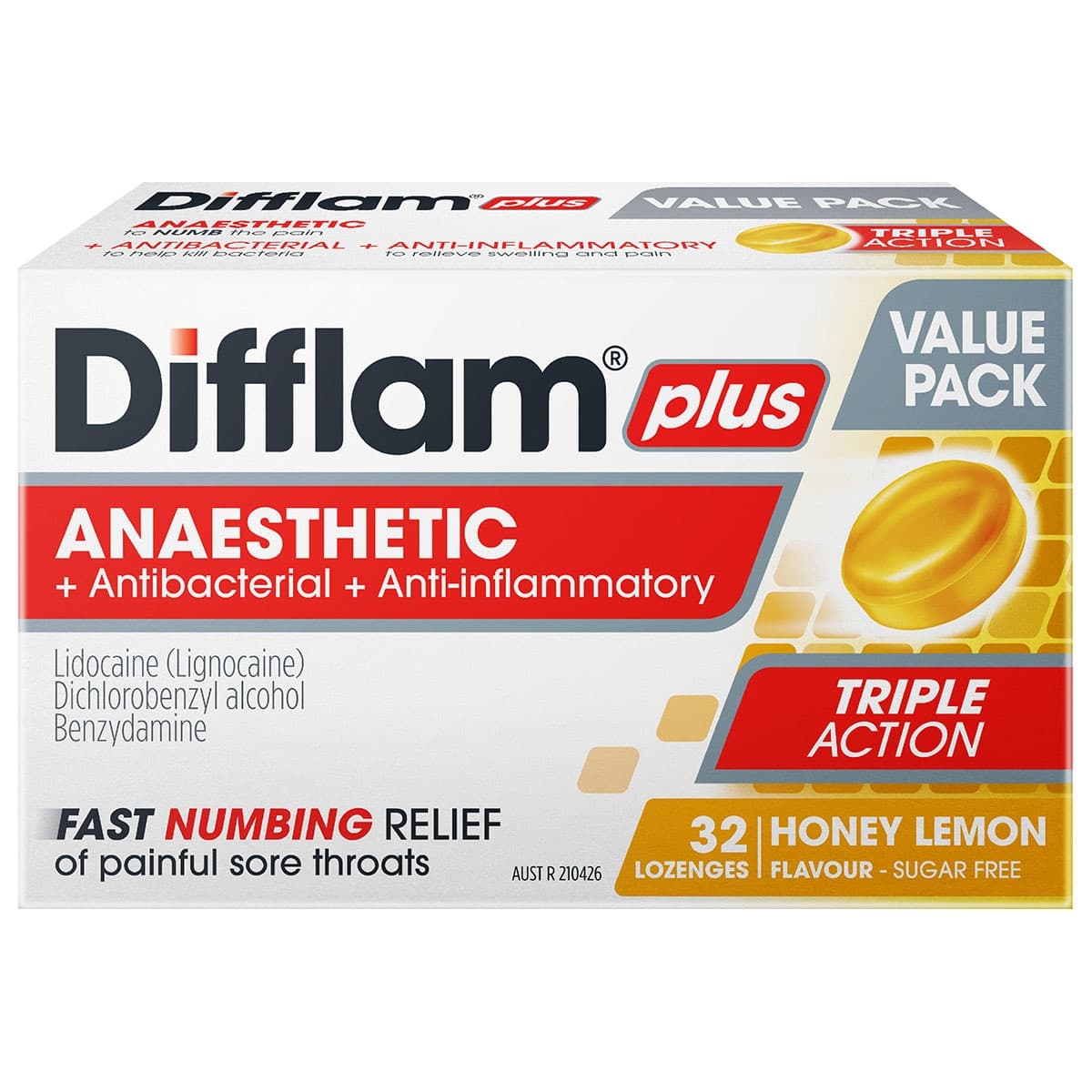 Difflam Plus Anaesthetic Sore Throat Lozenges Honey & Lemon 32 Pack