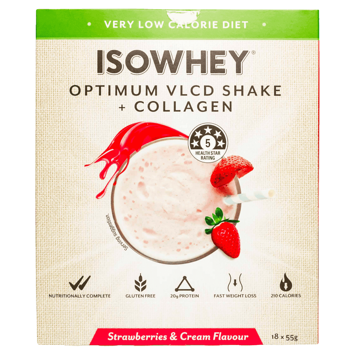 Isowhey Optimum VLCD + Collagen Shake Strawberry & Cream 18 x 55g