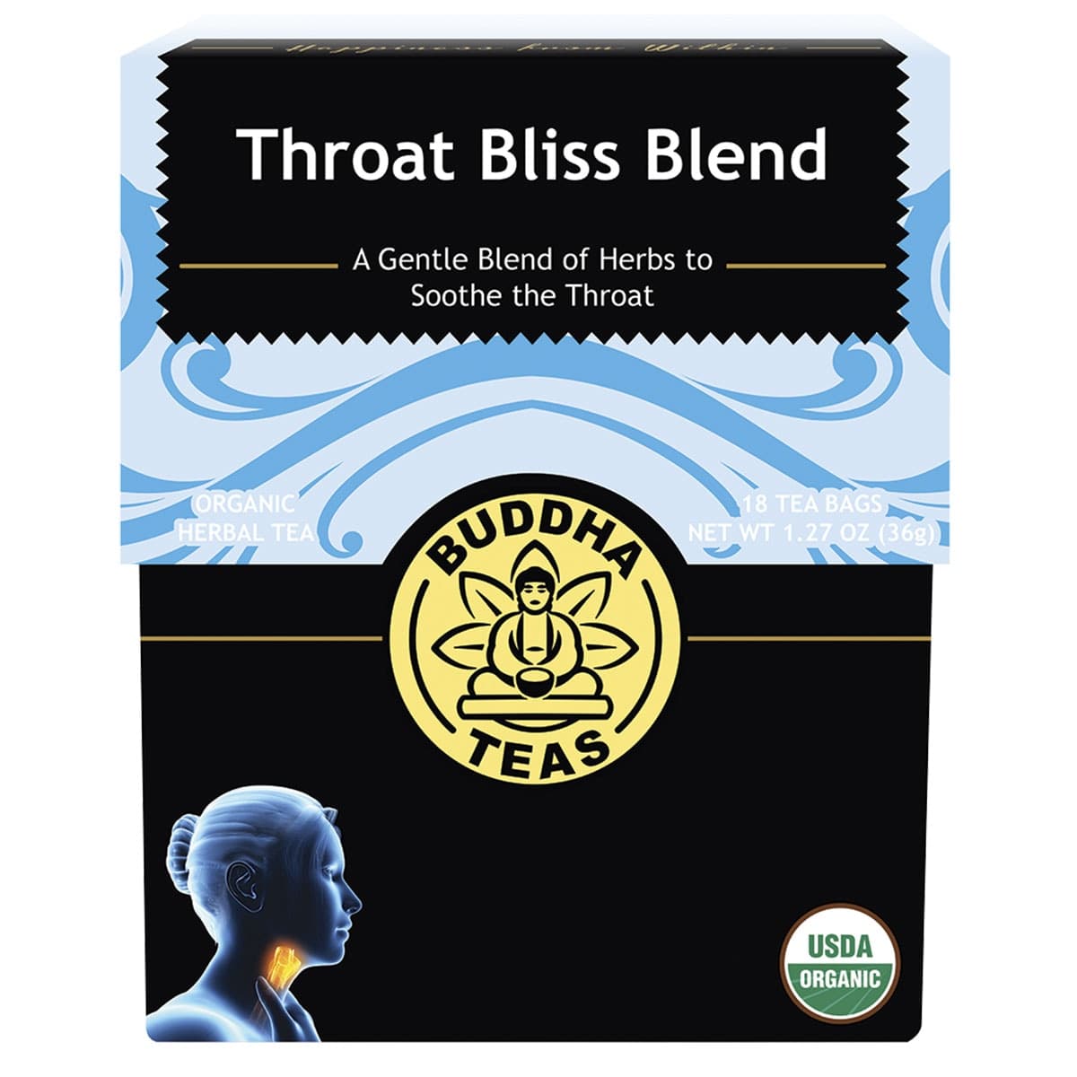 Buddha Teas Organic Herbal Tea Bags Throat Bliss Blend 18 Pack