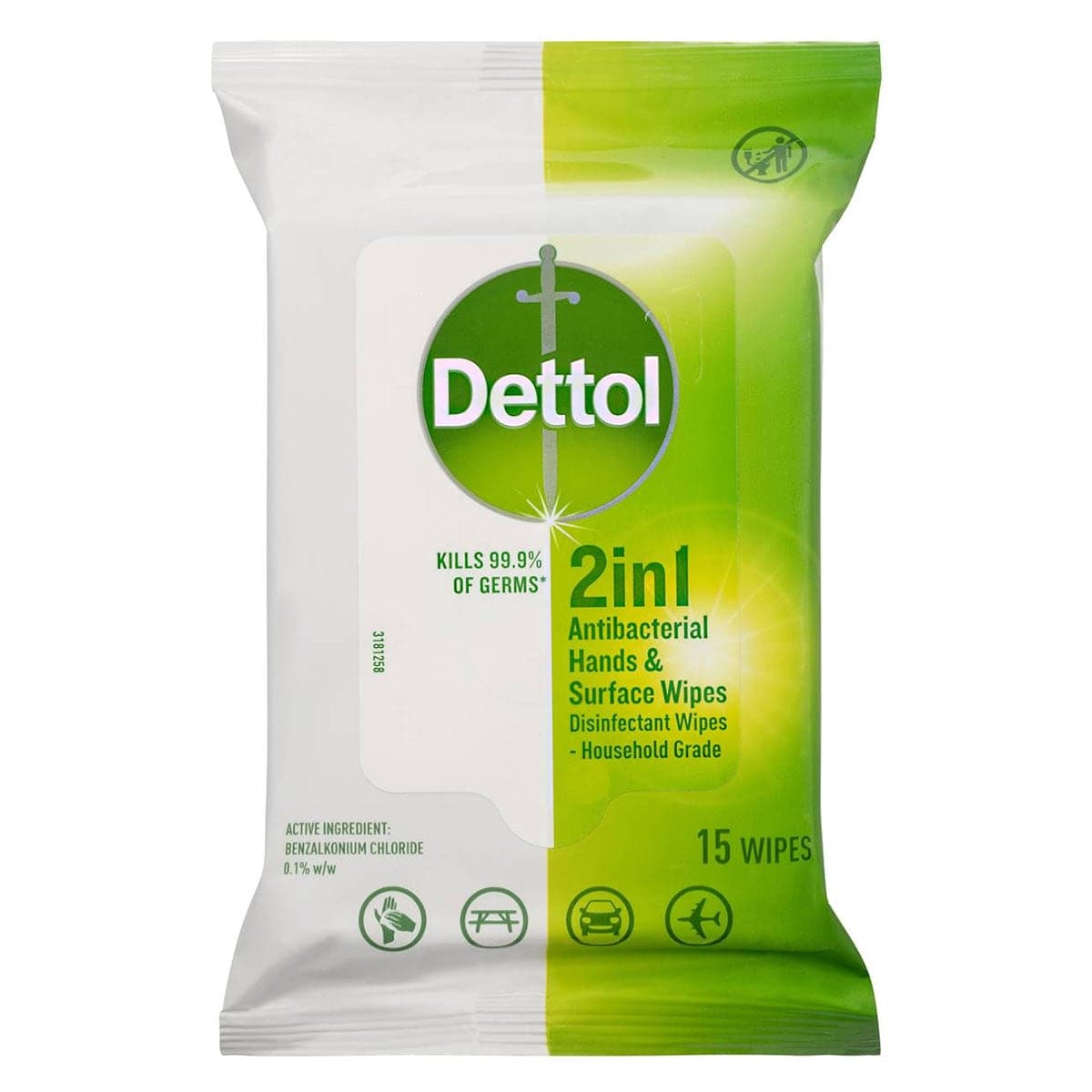 Dettol 2 in 1 Hand & Surface Antibacterial Wipes 15 Pack