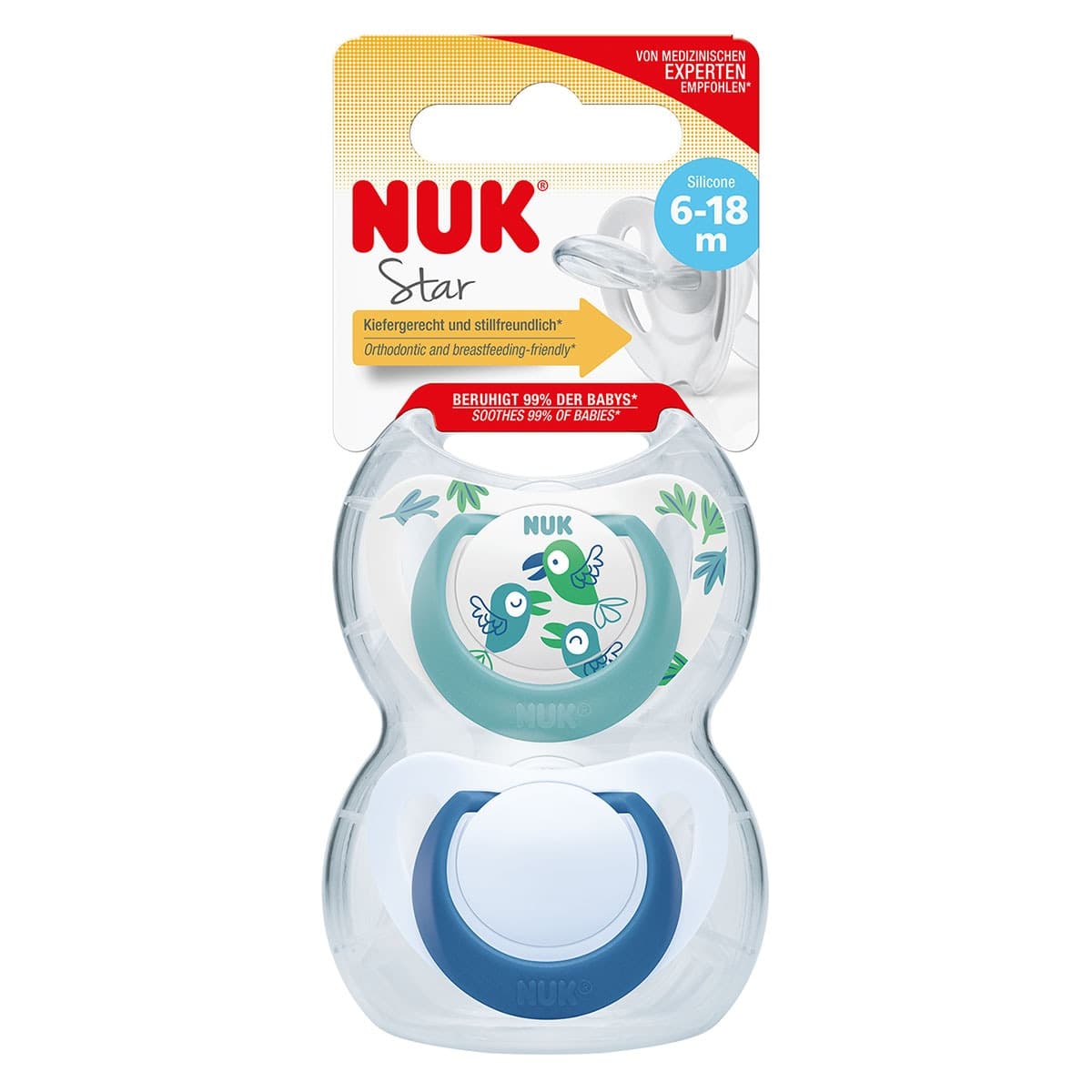 NUK Star Silicone Baby Dummy Blue Birds 6-18 Months 2 Pack