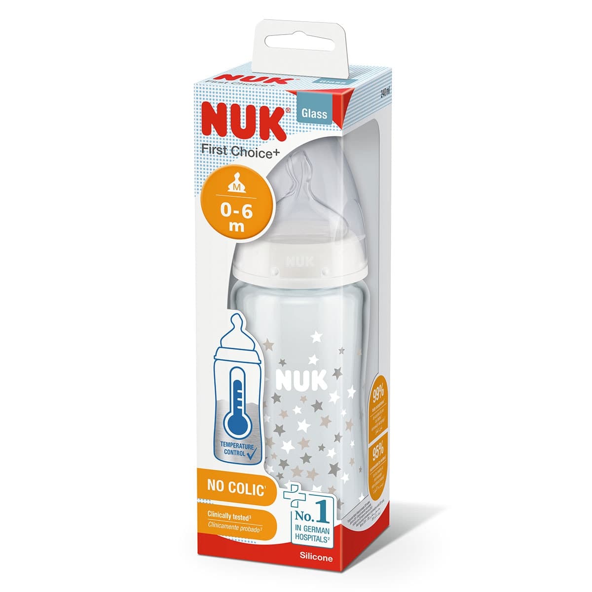NUK First Choice 240ml Glass Bottle with Temp Control 0-6 months
