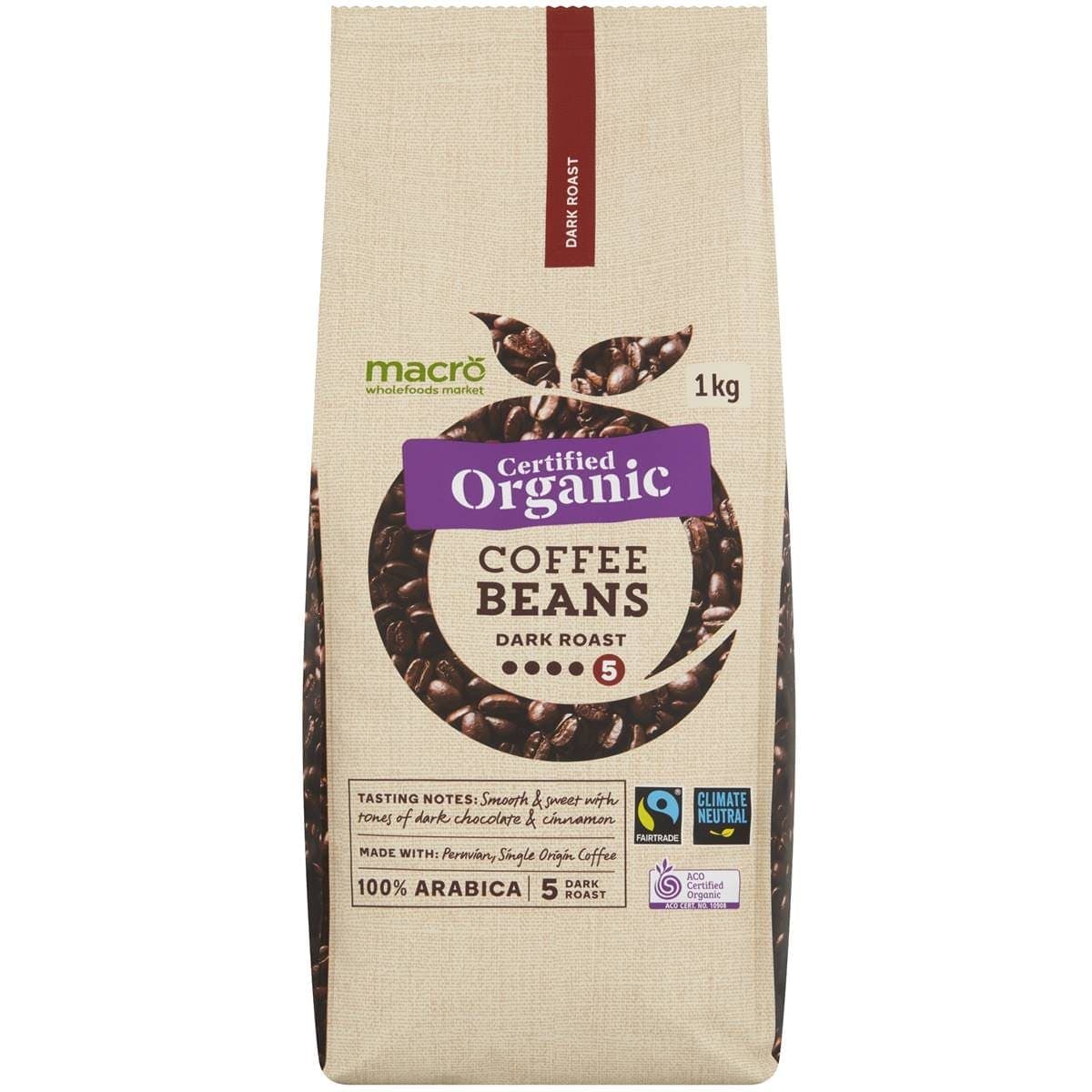 Macro Organic Dark Coffee Beans 1Kg