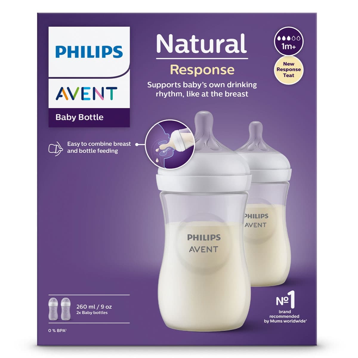 Avent Natural Response Baby Bottles 1 Month+ 2 x 260ml