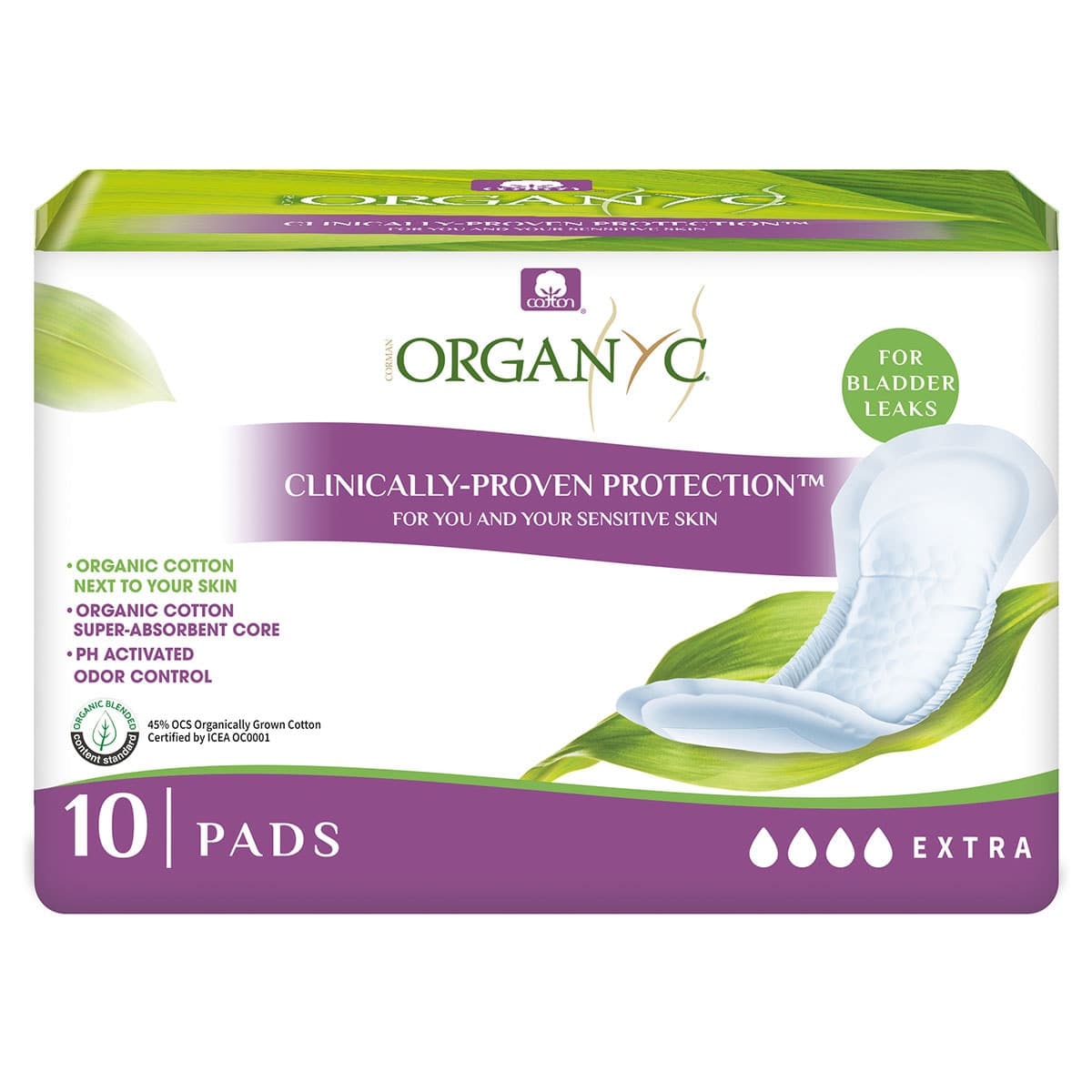 Organyc Light Incontinence Pads for Bladder Leaks Extra- 10 Pack