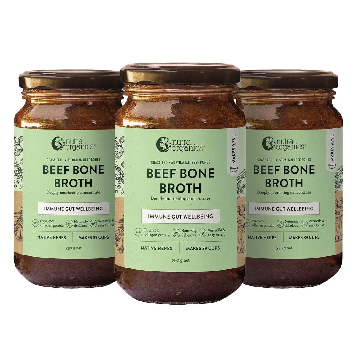 Nutra Organics Beef Bone Broth Concentrate Native Herbs 390g 3 Pack