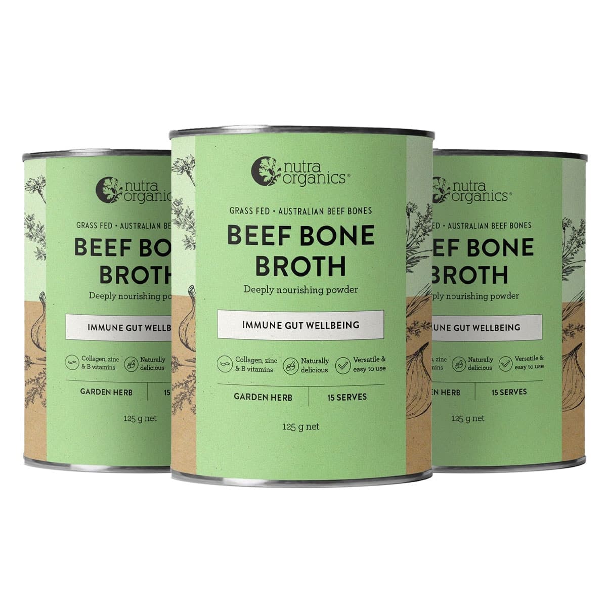 Nutra Organics Beef Bone Broth Powder Garden Herb 125g 3 Pack