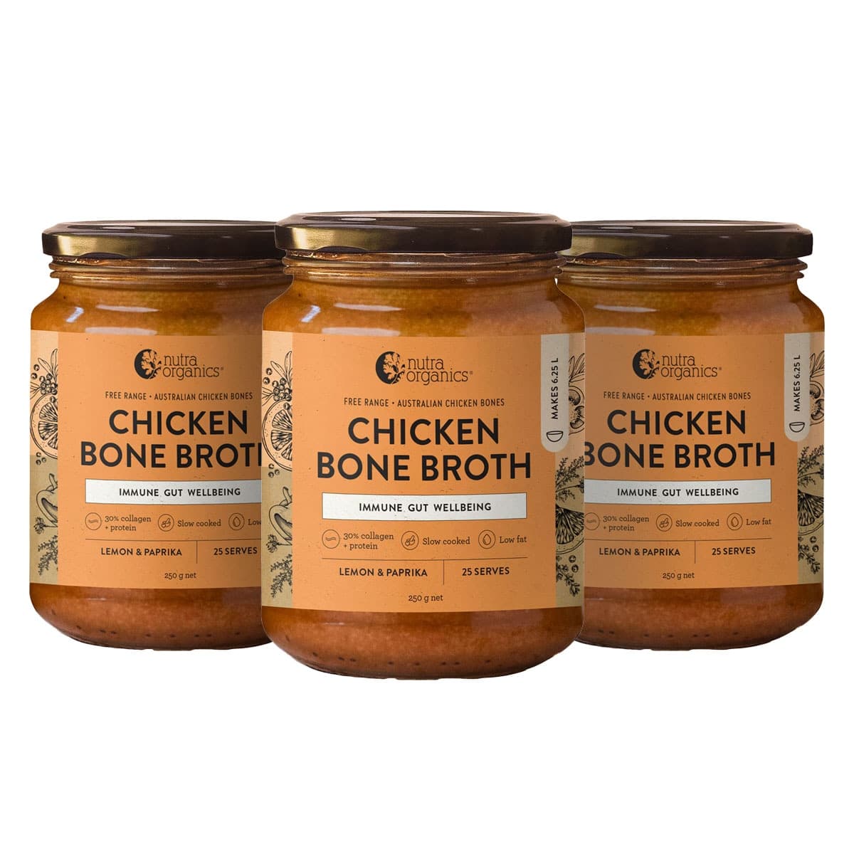 Nutra Organics Chicken Bone Broth Concentrate - Lemon & Paprika 250g 3 Pack