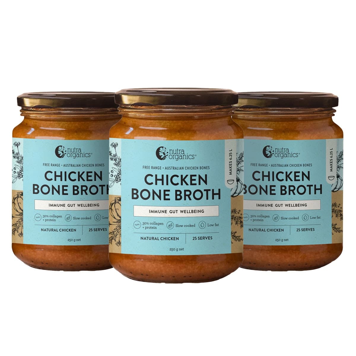 Nutra Organics Chicken Bone Broth Concentrate - Natural 250g 3 Pack
